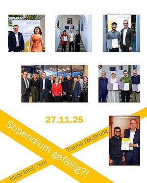 Studierende, die mit unterschiedlichsten Stipendien gefördert werden mit der Schrift: Förderung gefällig? Mehr Infos zum Thema Stipendien