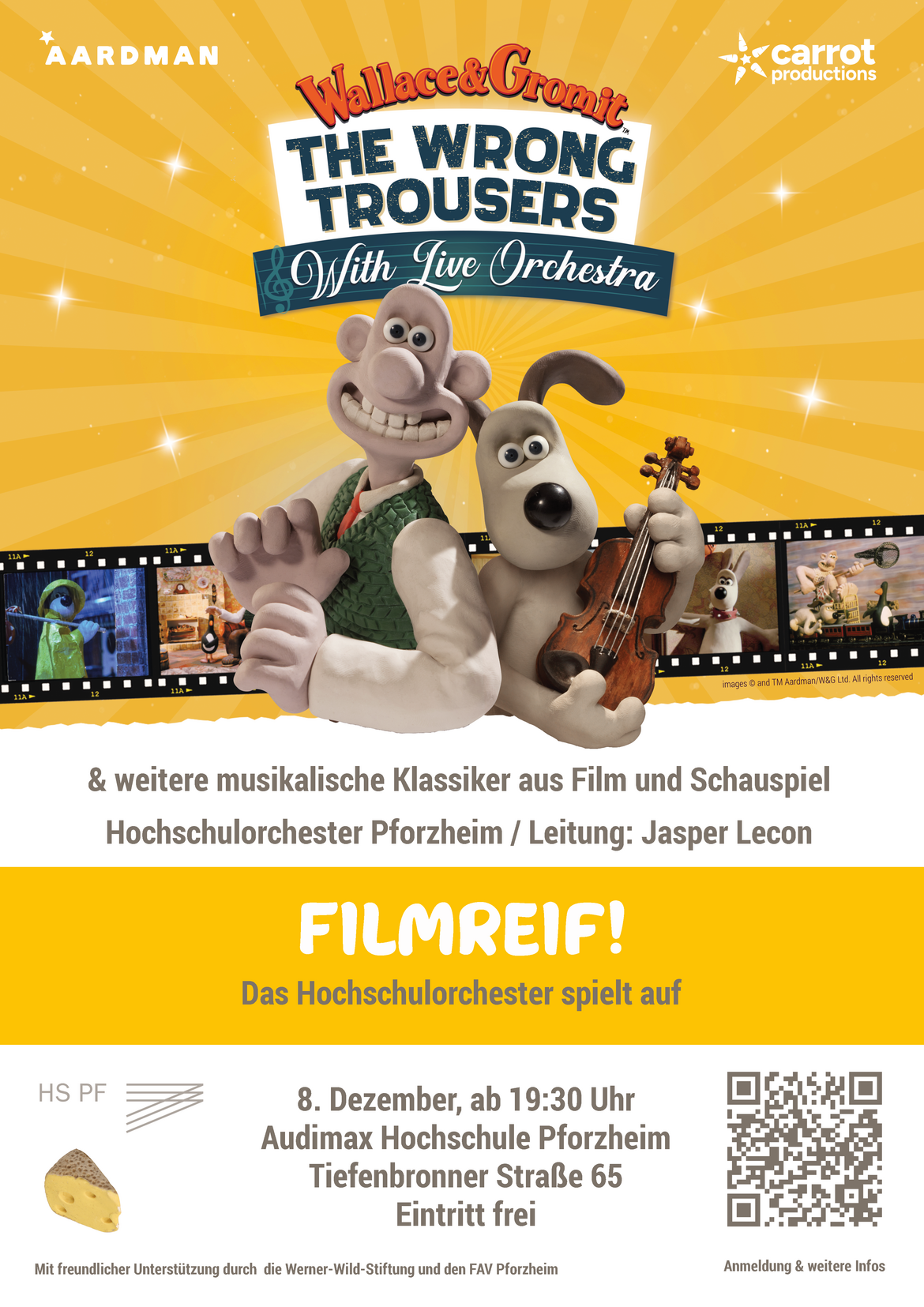Plakat zum Konzert des Hochschulorchesters mit Wallace & Gromit