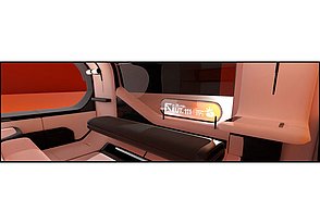 Innenraum des neuen Fahrzeugs aus der Perspektive einer Person auf der Rückbank