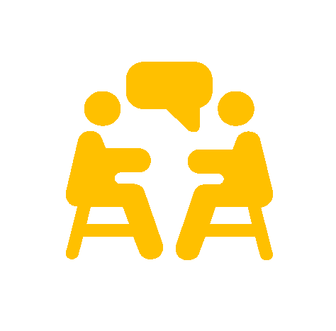 Symbol von zwei Personen, die an einem Tisch sitzen und sich unterhalten.