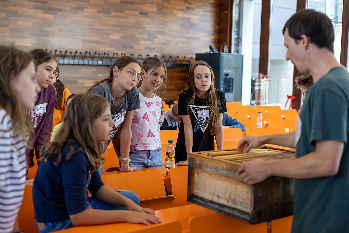 Kinder der Kinderuni Pforzheim bewundern eine Wabe, während Felix Bischoff dazu spannende Fakten parat hat.