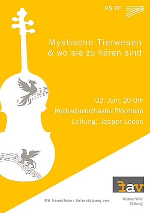 Plakat des Hochschulorchesters mit einer Kontur einer Violine und Verweis auf das kommende Konzert
