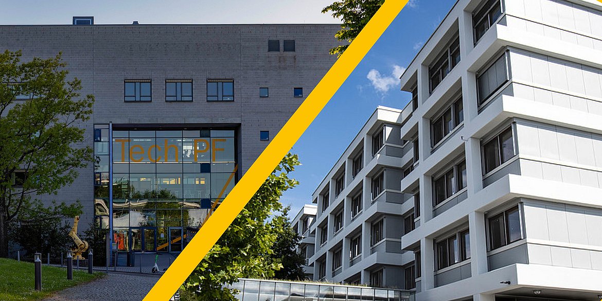 Gebäude der Fakultät für Technik mit einem Schrägstrich daneben Gebäude der Fakultät für Wirtschaft und Recht.