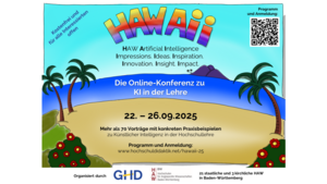 Poster, das für die HAWAII 2025 – Online-Konferenz zu Künstlicher Intelligenz in der Lehre Impulse werben soll.
