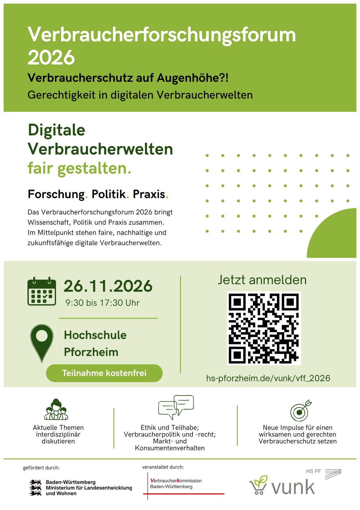 Ankündigung des Verbraucherforschungsforum 2026 am 26. November auf grün-weißem Hintergrund