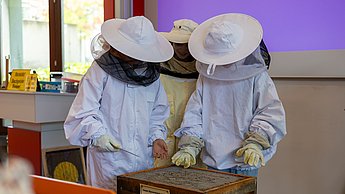 Im Workshop mit Felix Bischoff konnten die Kids in die Welt der Imkerei schnuppern und dabei selbst in Imkeranzüge schlüpfen und versuchen eine leere Wabe aus einer Bienenbeute zu holen.