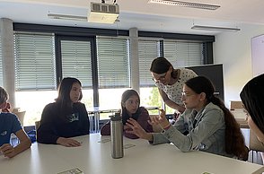 Kinder disskutieren in der Gruppe die Ergebnisse zum Thema Treibhaus-Kompass