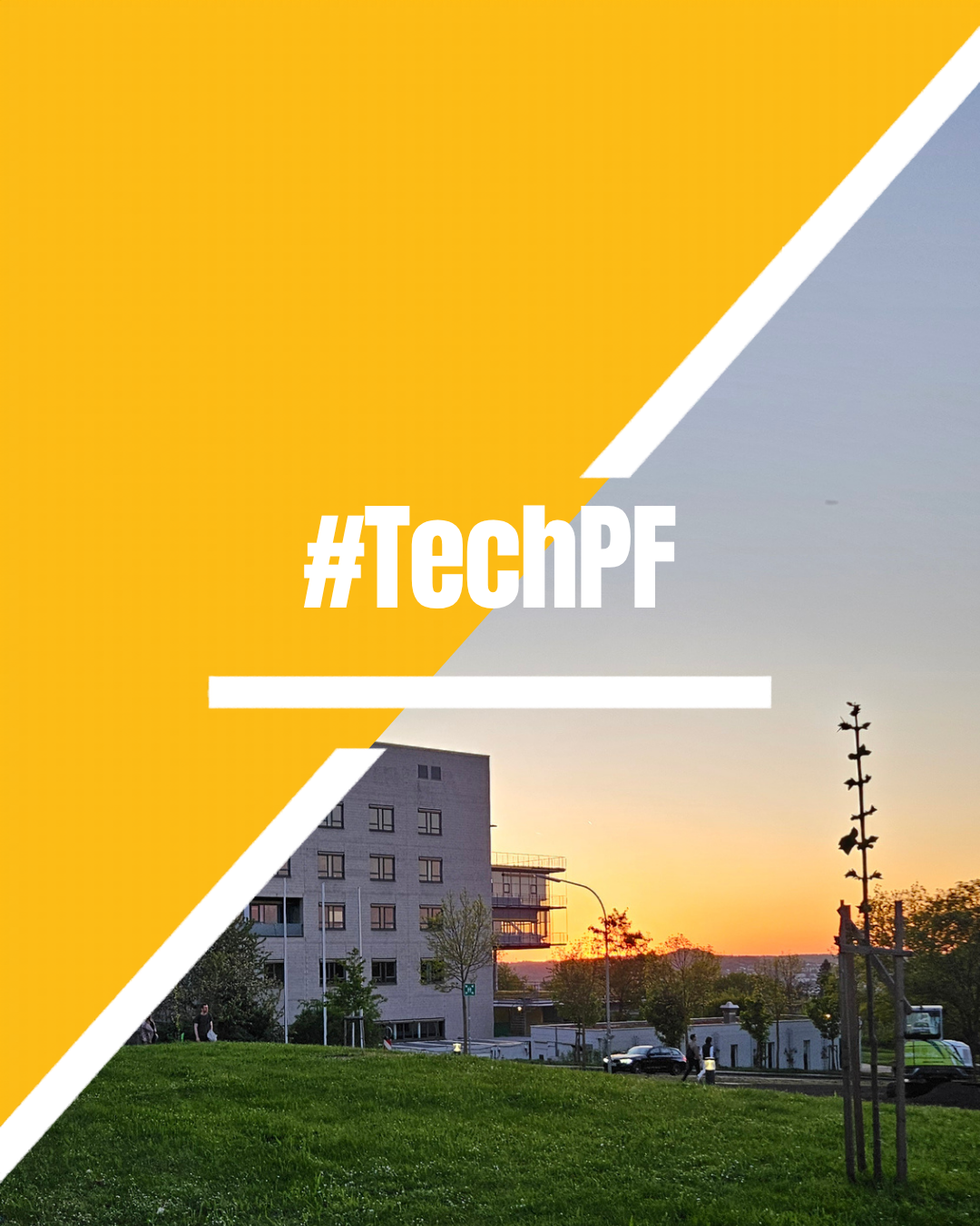 #TechPF mit Bild der Fakultät für Technik und einem Sonnenuntergang im Hintergrund