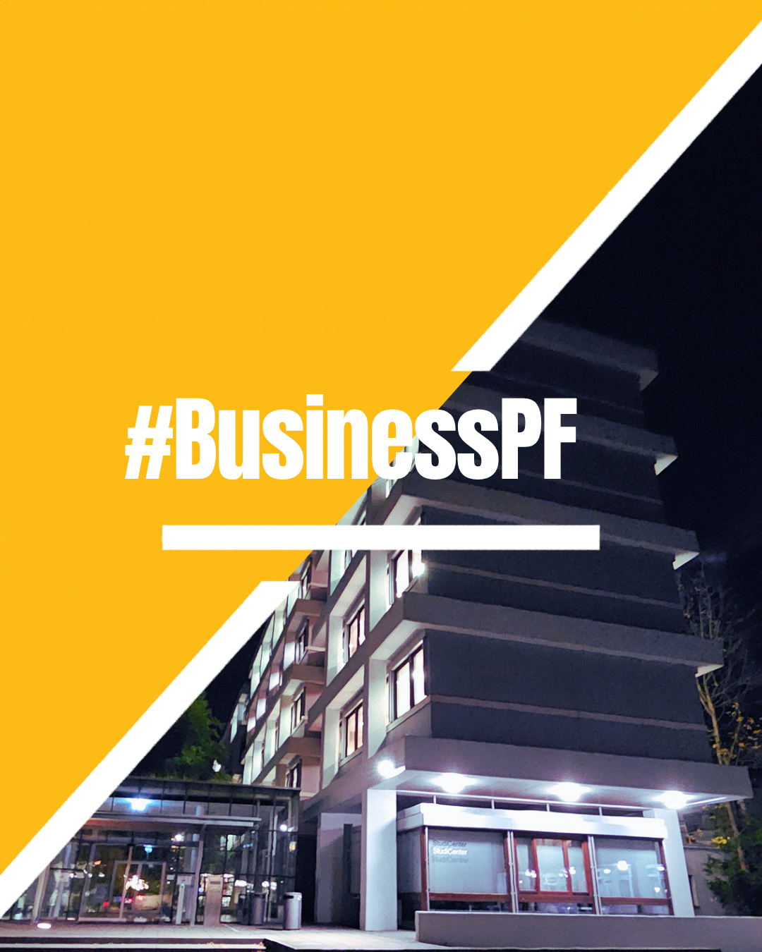 #businesspf mit einem Bild des W-1 Gebäudes bei Nacht