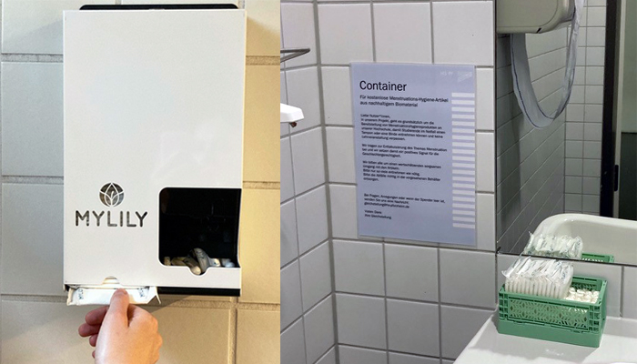 Fotos der Hygieneartikelstationen an der Hochschule.