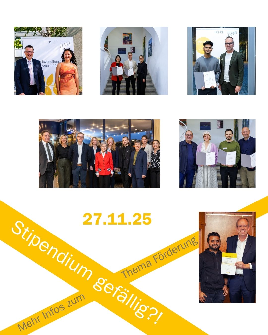 Studierende, die mit unterschiedlichsten Stipendien gefördert werden mit der Schrift: Förderung gefällig? Mehr Infos zum Thema Stipendien