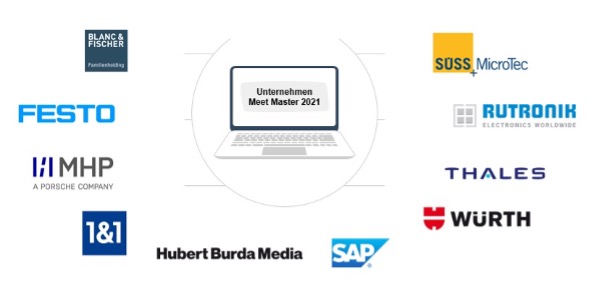 Logos der Unternehmen mit einem Laptop im Zentrum