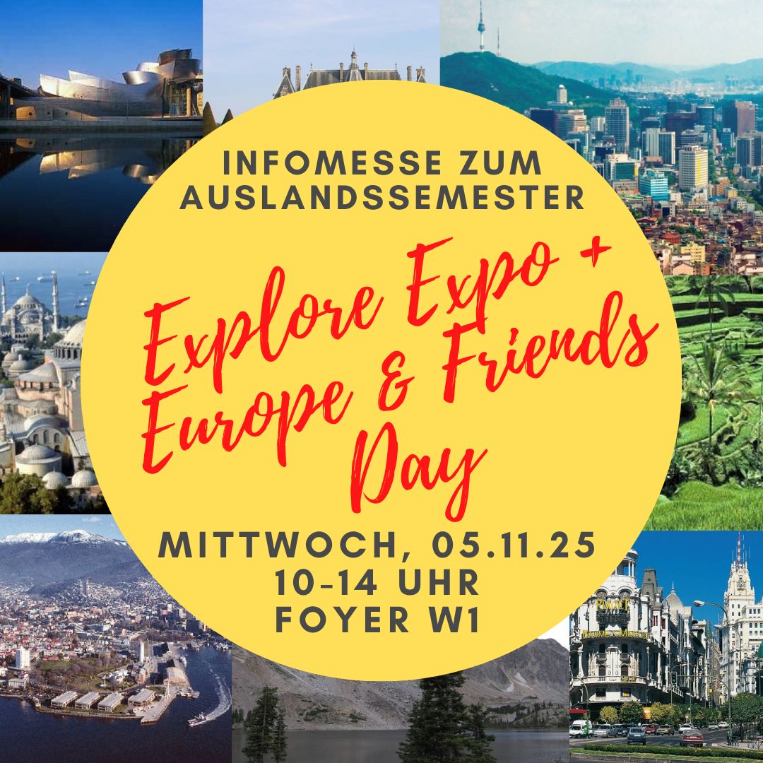 Kommen Sie zum Europe and Friends Day und ExploreExpo, die Infomesse zum Auslandssemester am 5.11.25 von 10-14 Uhr