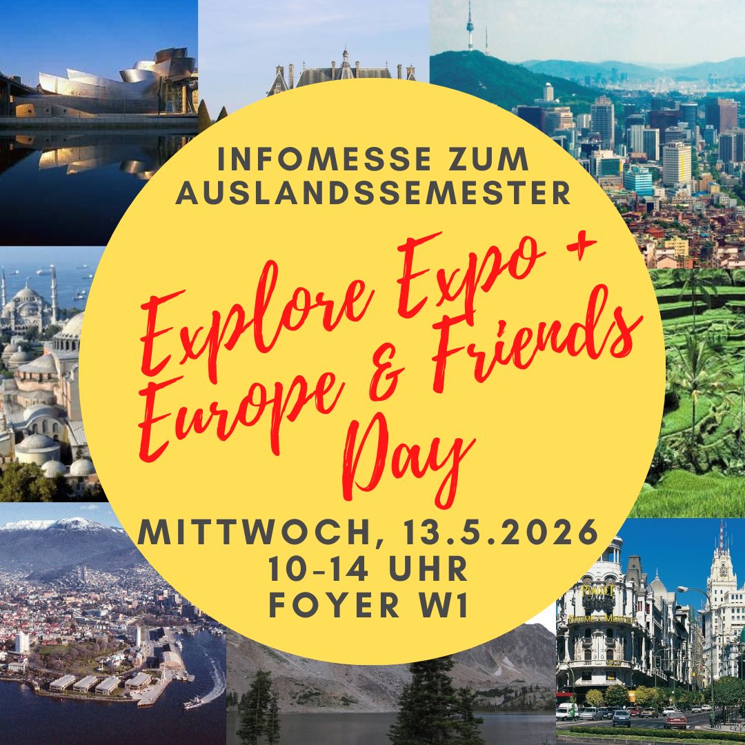 Einladung zur Infomesse zum Auslandssemester Exlore Expo mit Bildern auf aller Welt im Hintergrund